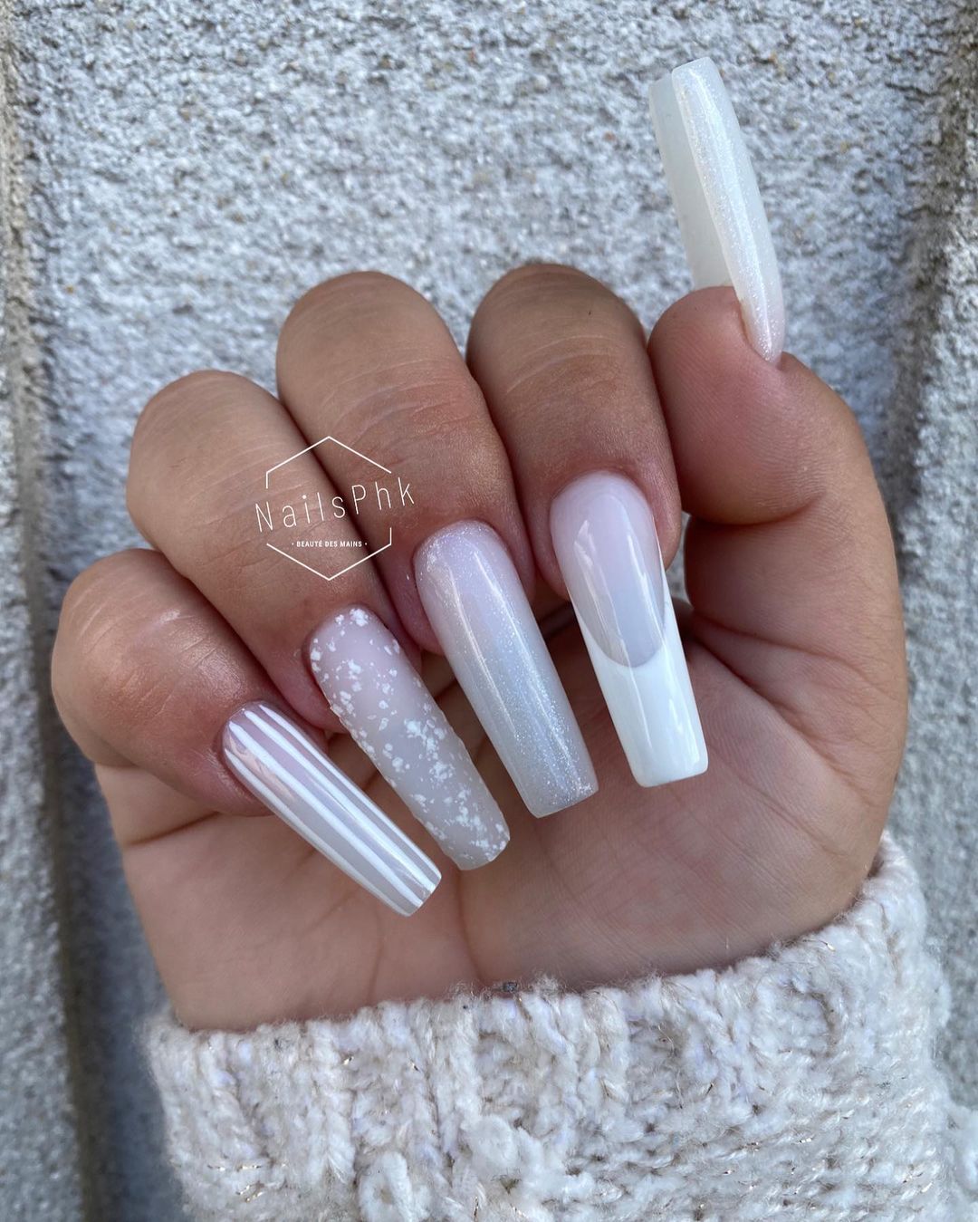 Long Square White Nails with Glitter