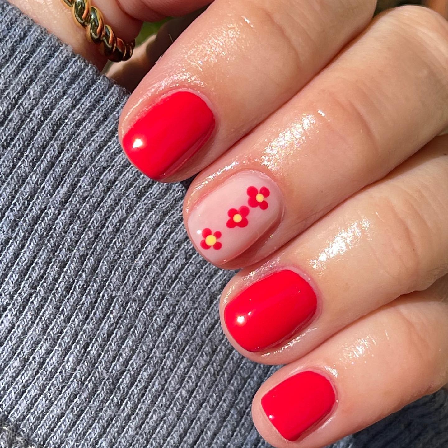 Short Red Nails with Floral Design