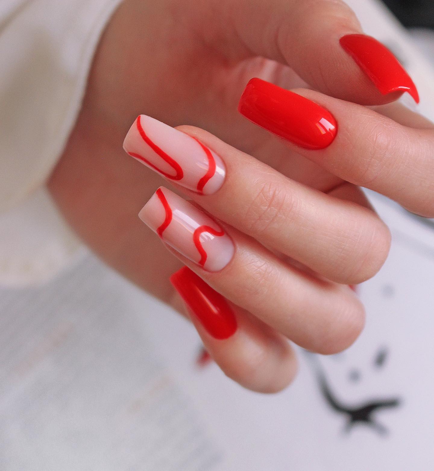 Long Square Red Nails with Red Lines on Nude Polish