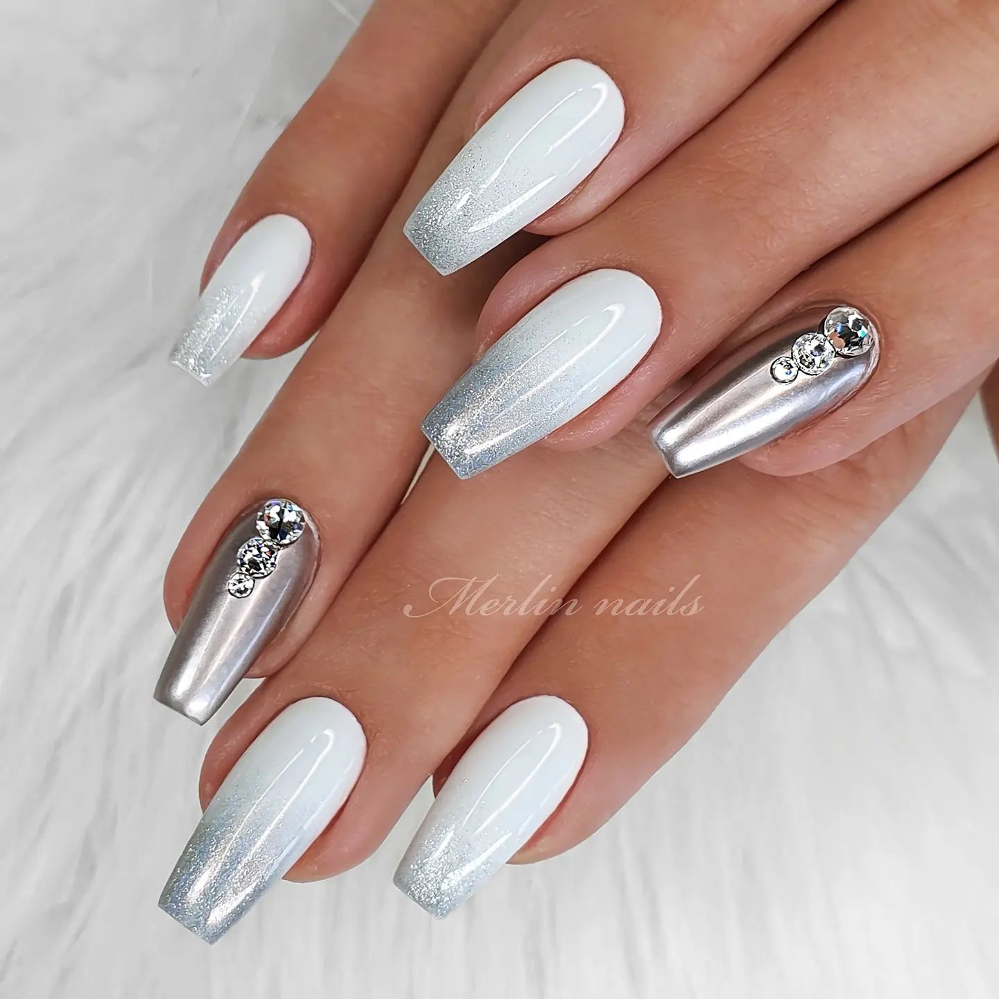 White-to-Silver Ombre Nails with Rhinestones