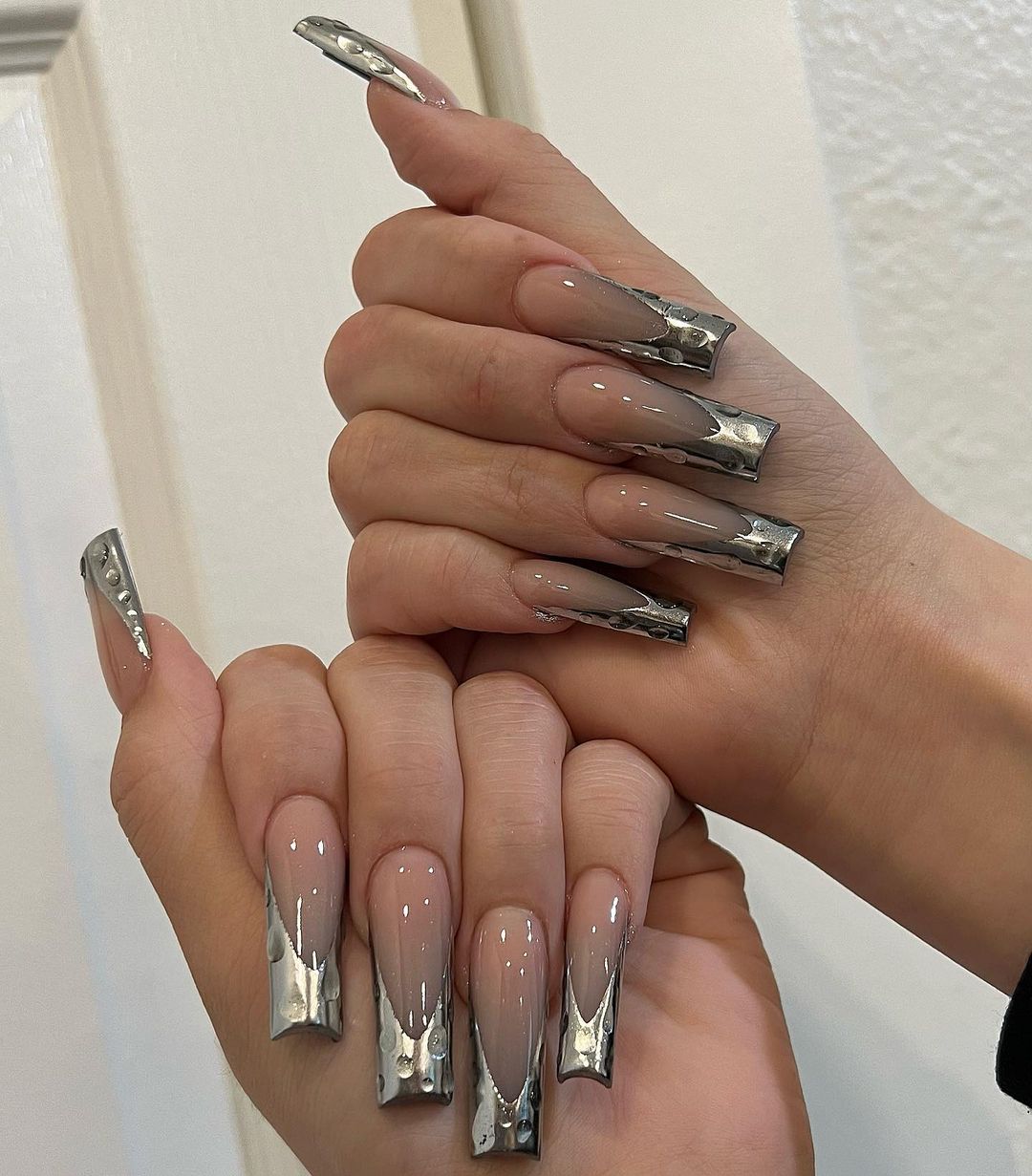 Long Square Nails with Silver Tips and 3D Drops