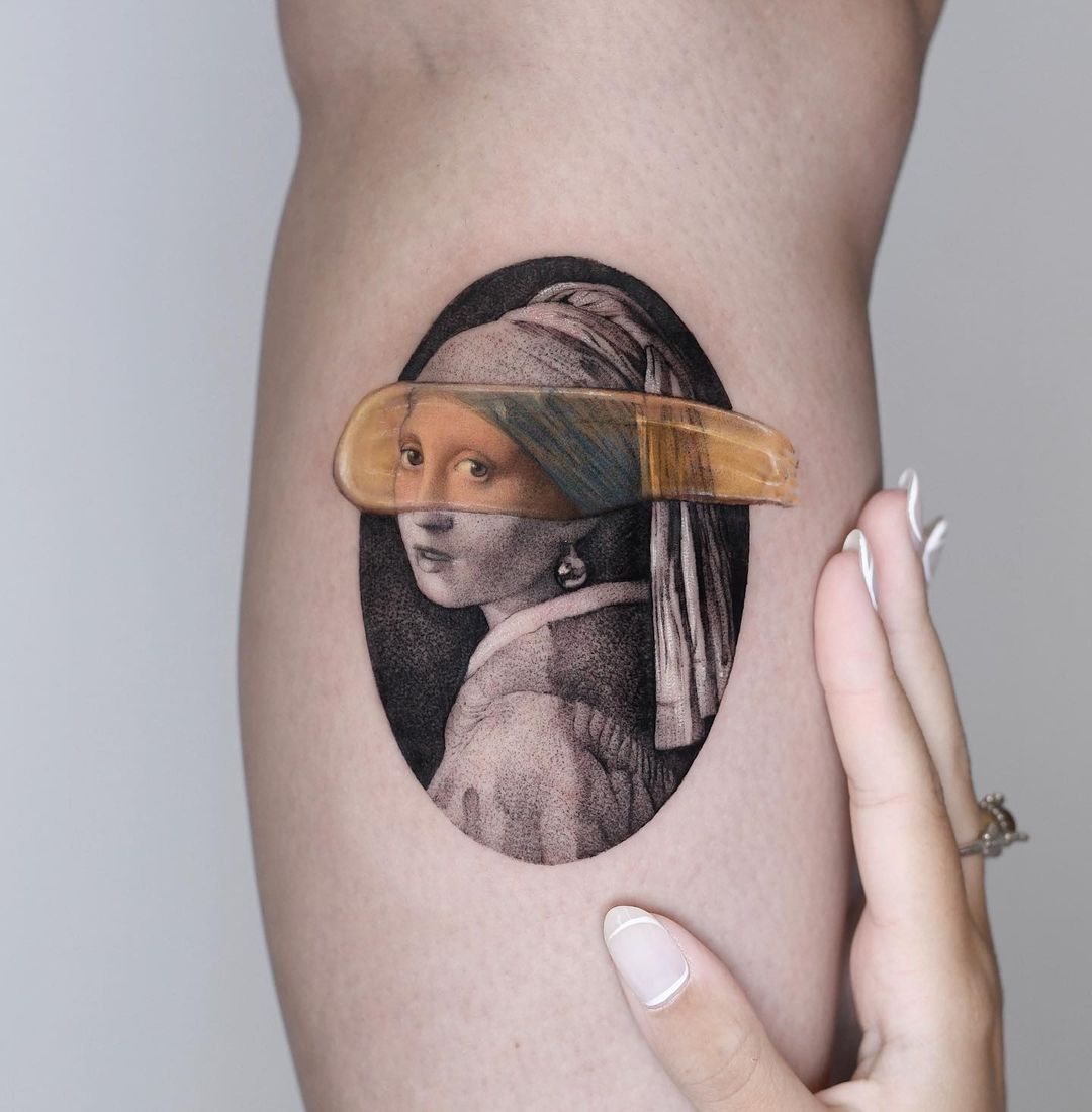 Black 3D Vermeer Portrait Tattoo