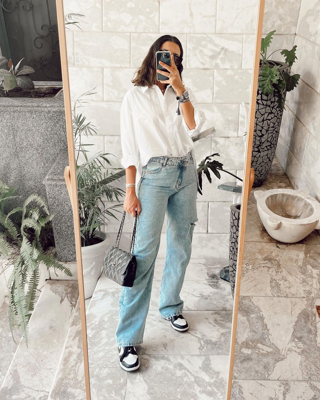 Light Blue Jeans with White Blouse