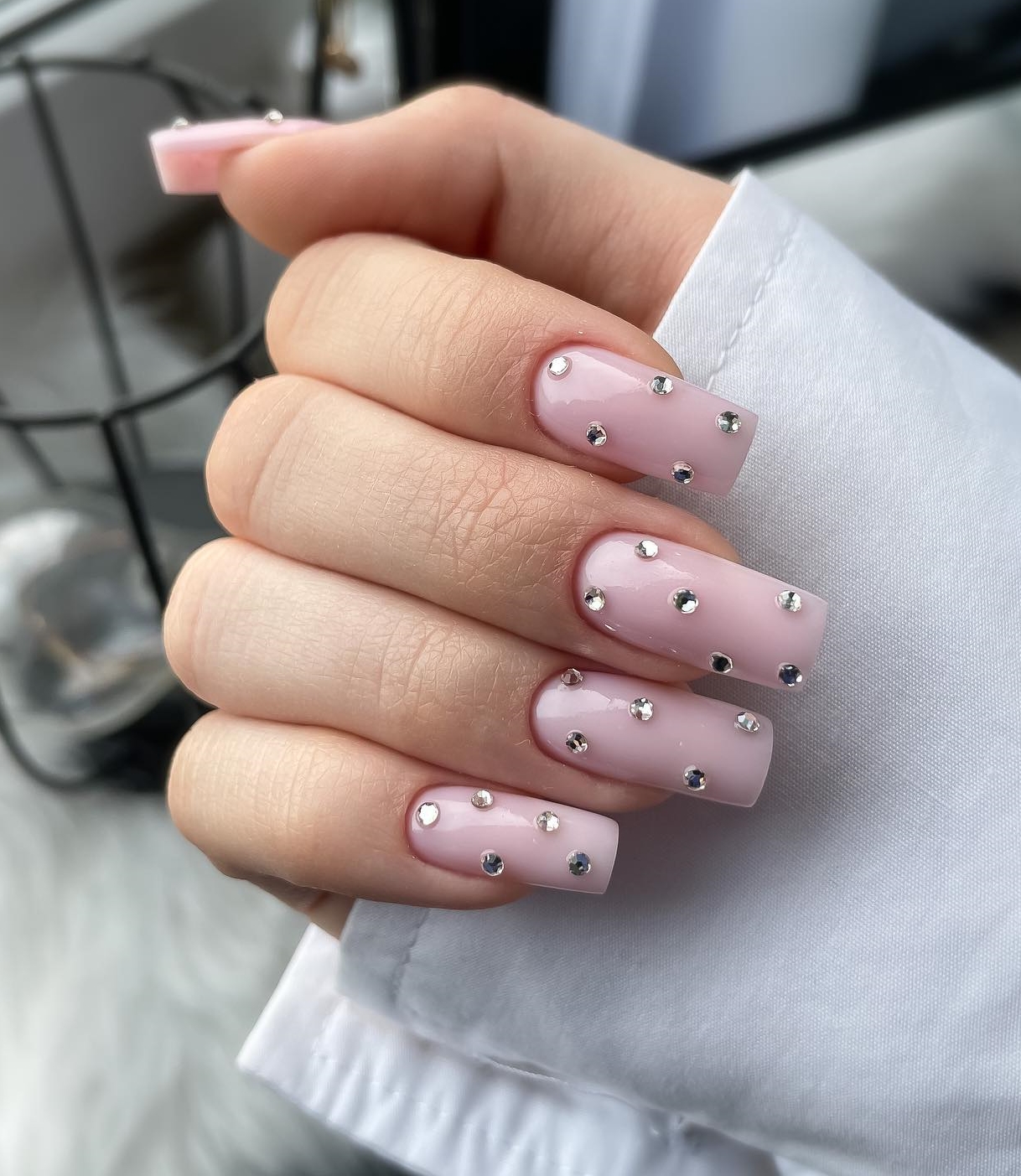 Long Square Nude Nails with Rhinestones