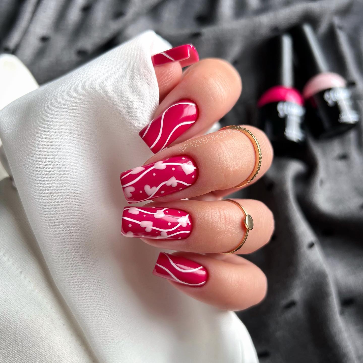 Long Square Red Nails with White Swirls and Hearts