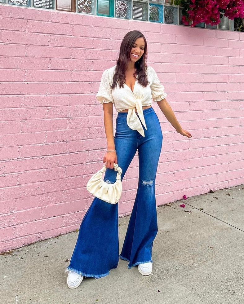 Blue Bell Bottom Jeans with White Blouse