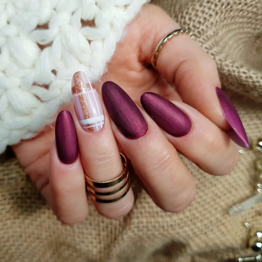 Dark Red Matte Nails with Nude Polish