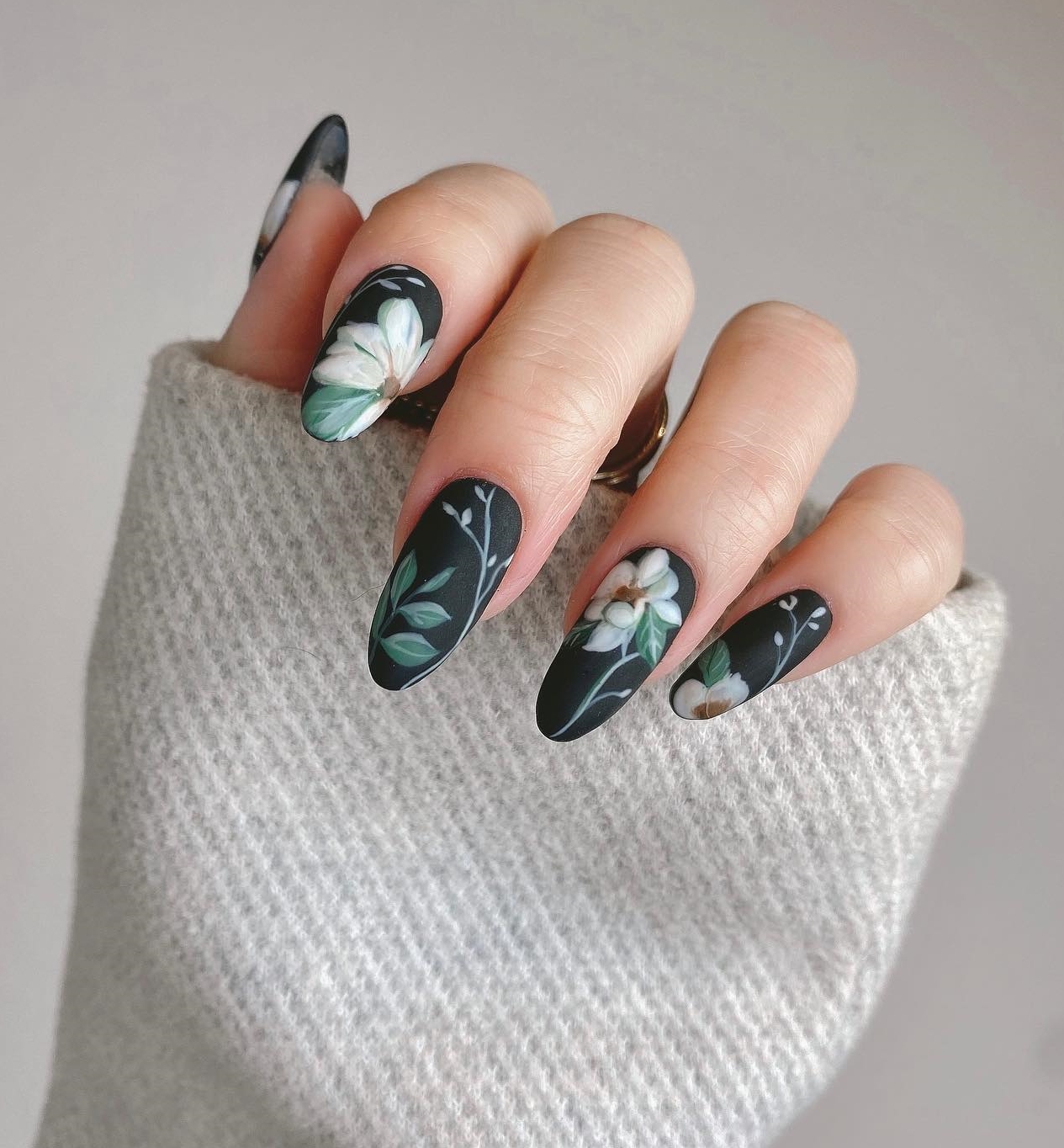 Dark Green Nails with Floral Design