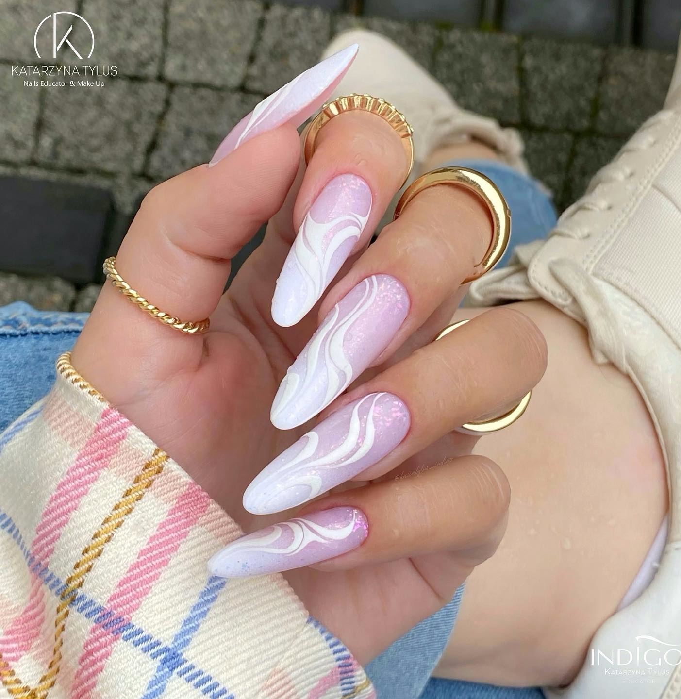 Long Pink Nails with White Swirls