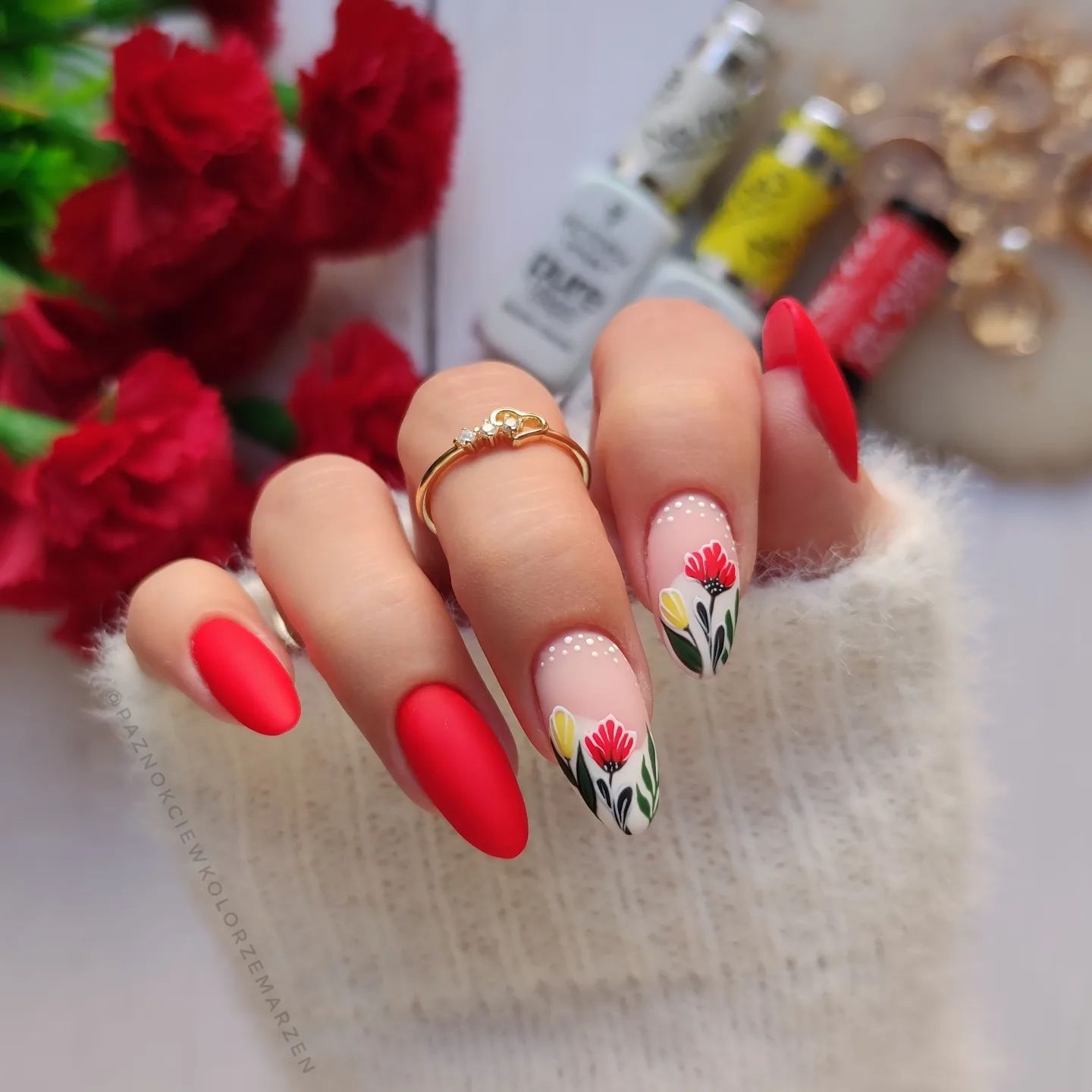 Long Matte Red Nails with Floral Design