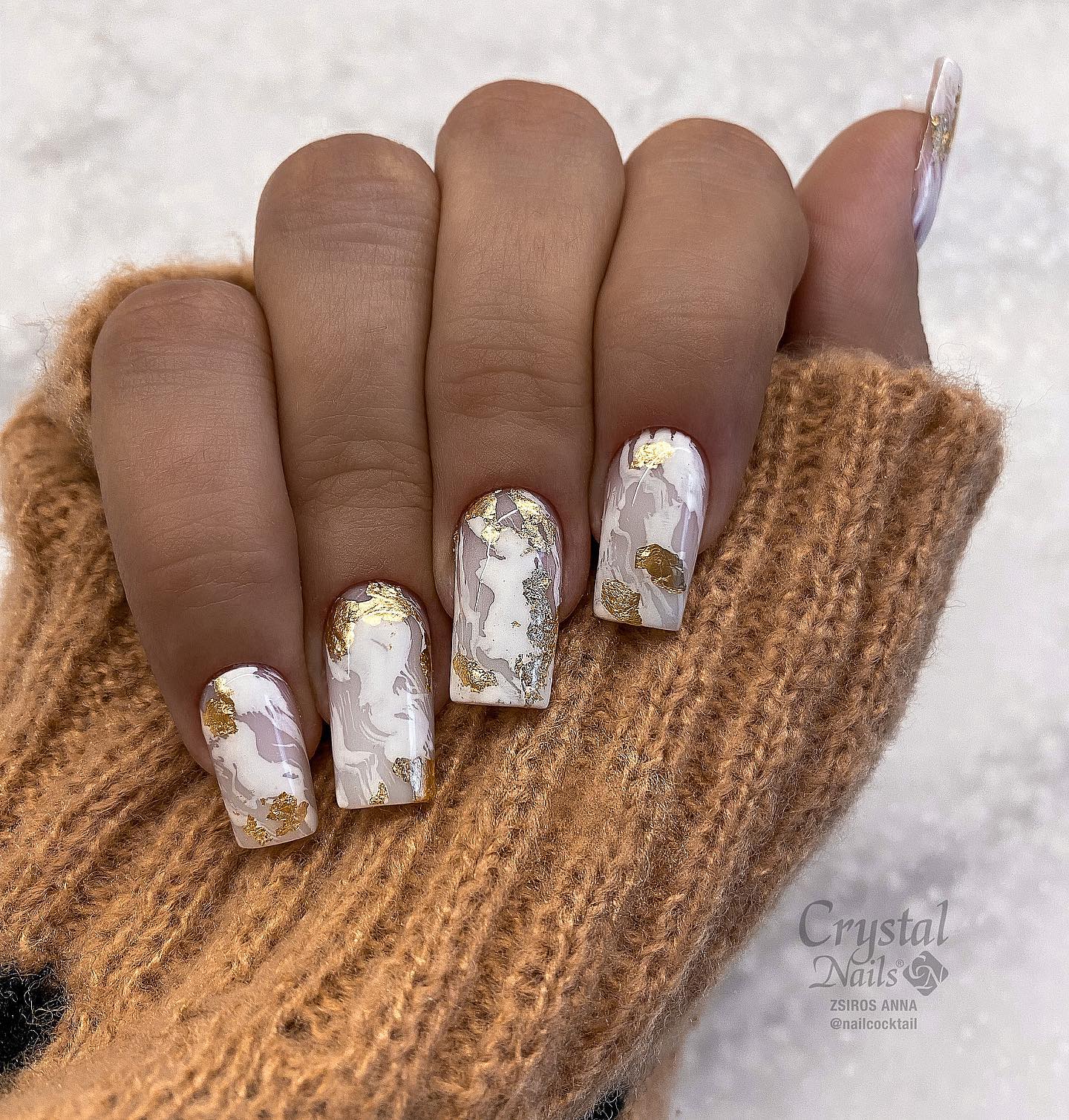 Long Square White Marble Nails