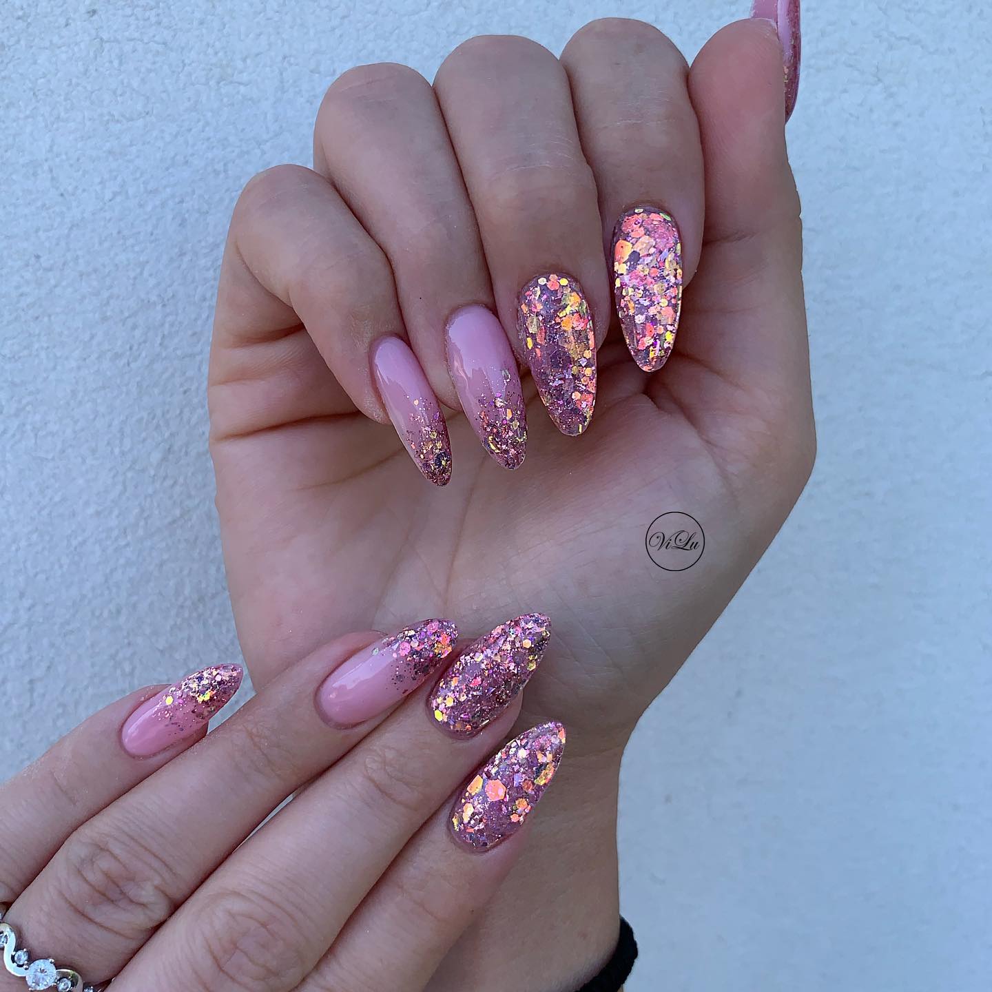 Pink Nails with Pink Glitter Design