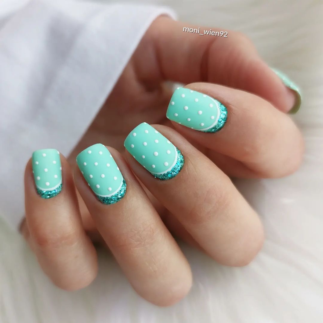 Short Light Green Nails with Glitter and White Dots