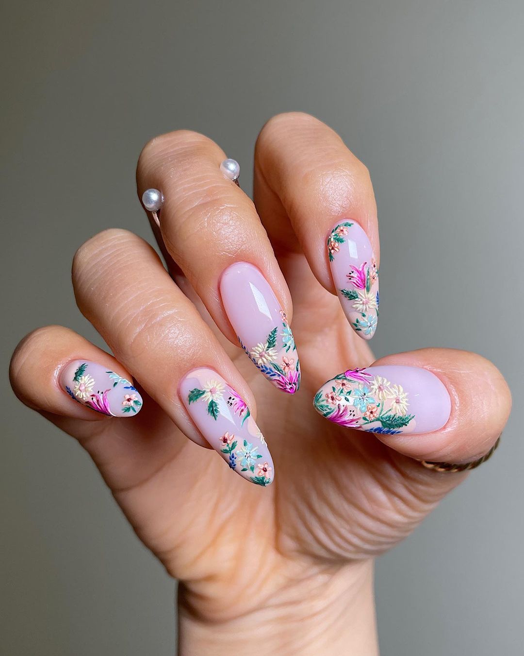 Spring Almond Nails with Floral Tip Design