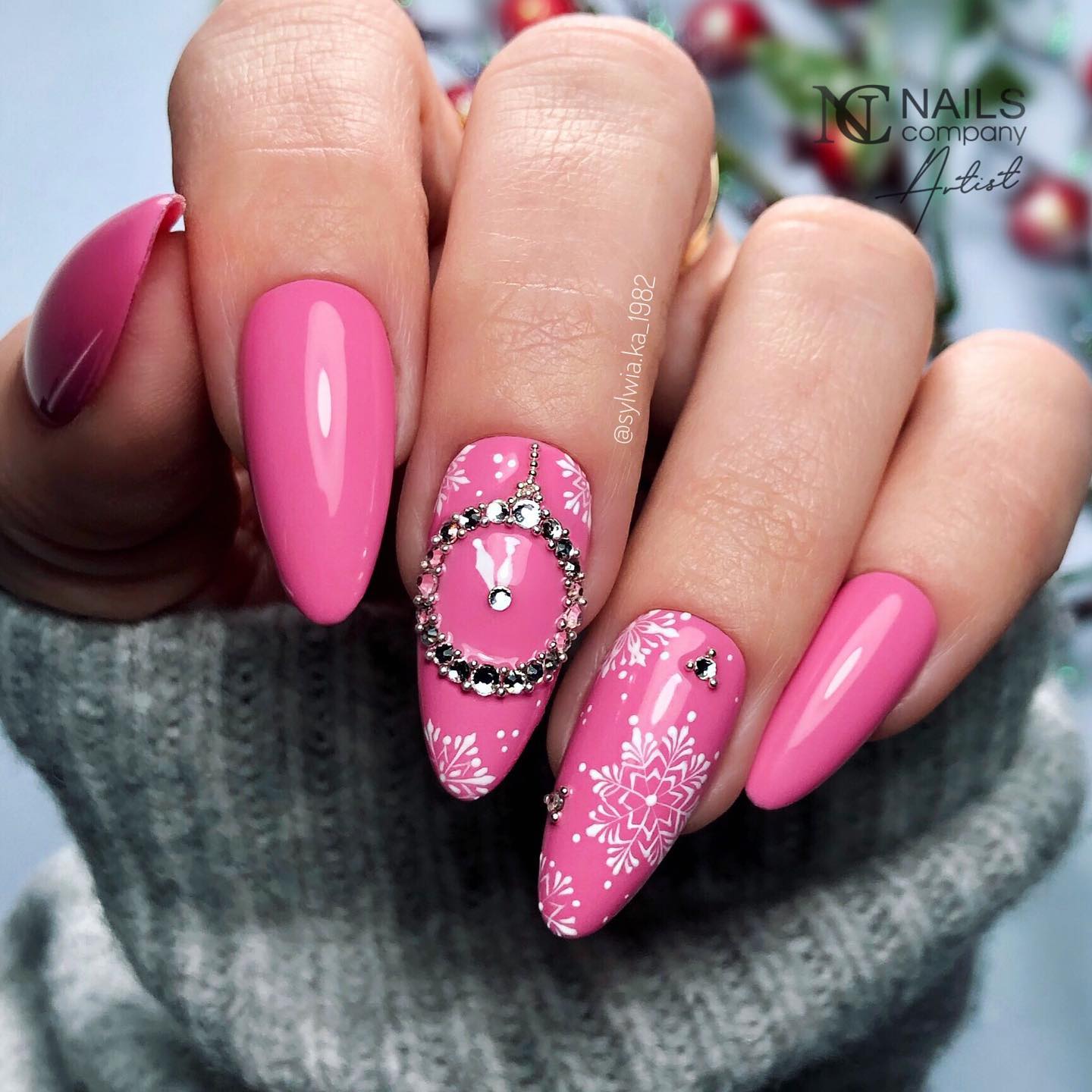Dark Pink Nails with White Snowflakes