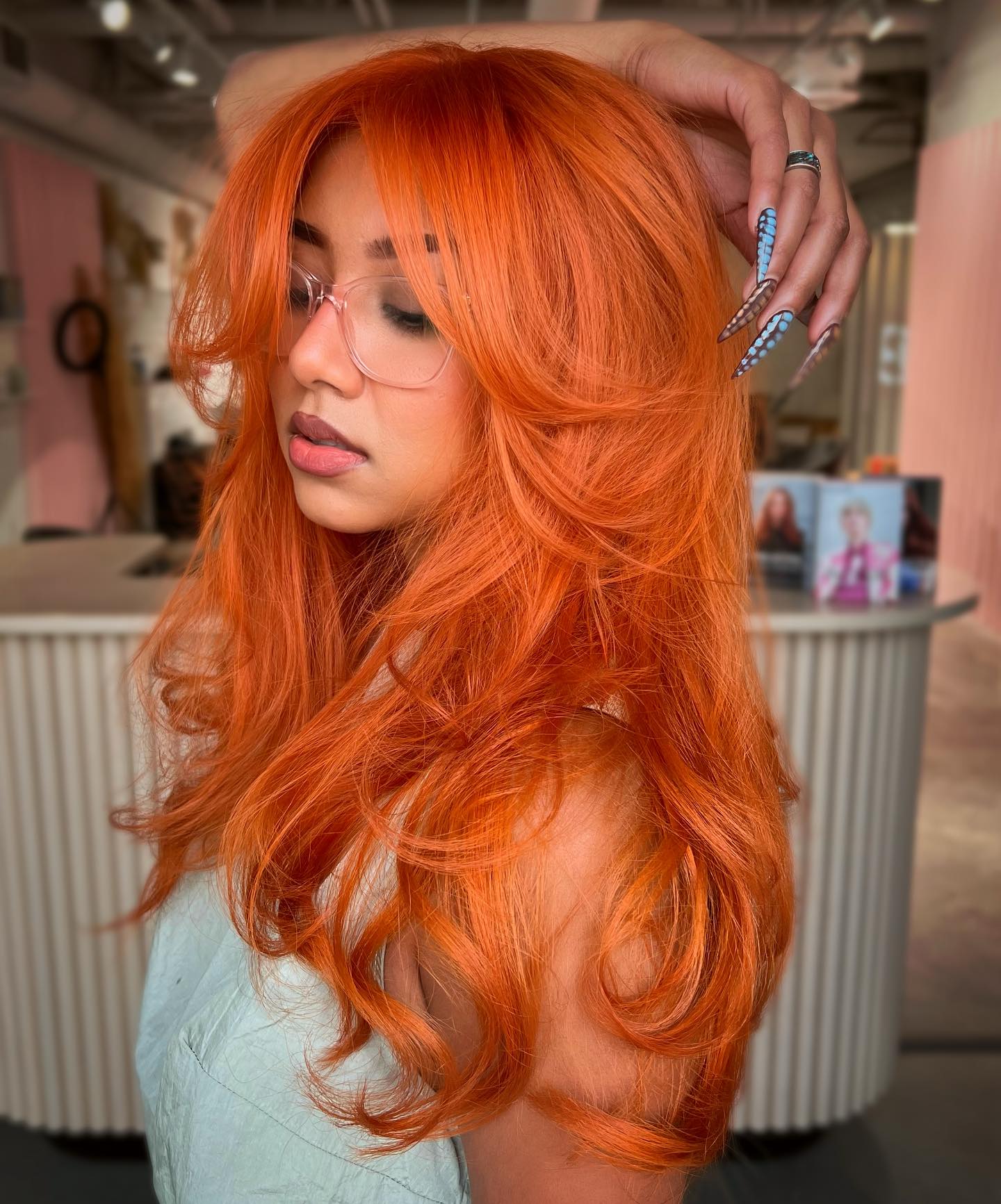Long Bright Orange Hair with Curtain Bang