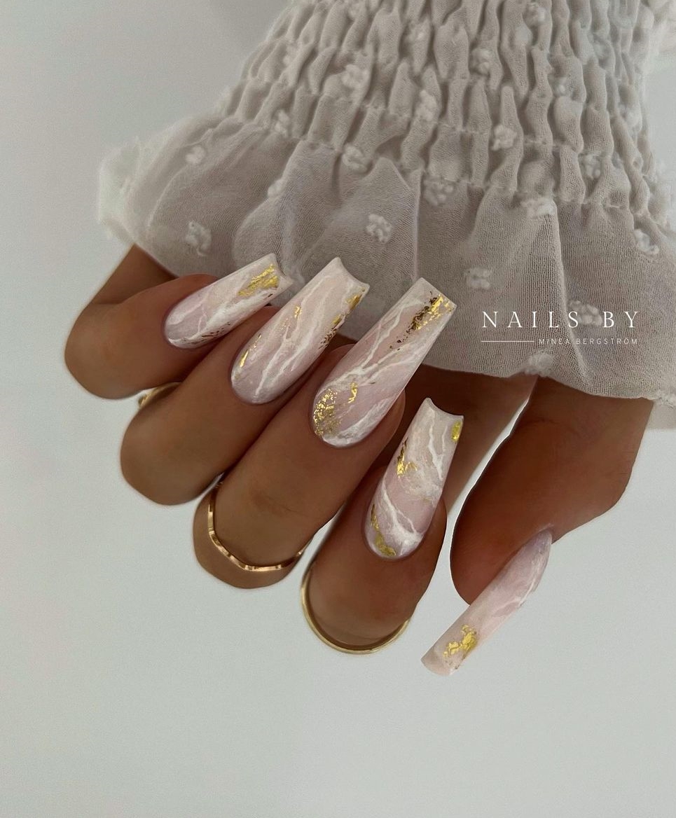 Long Square Marble Nails with Gold Glitter
