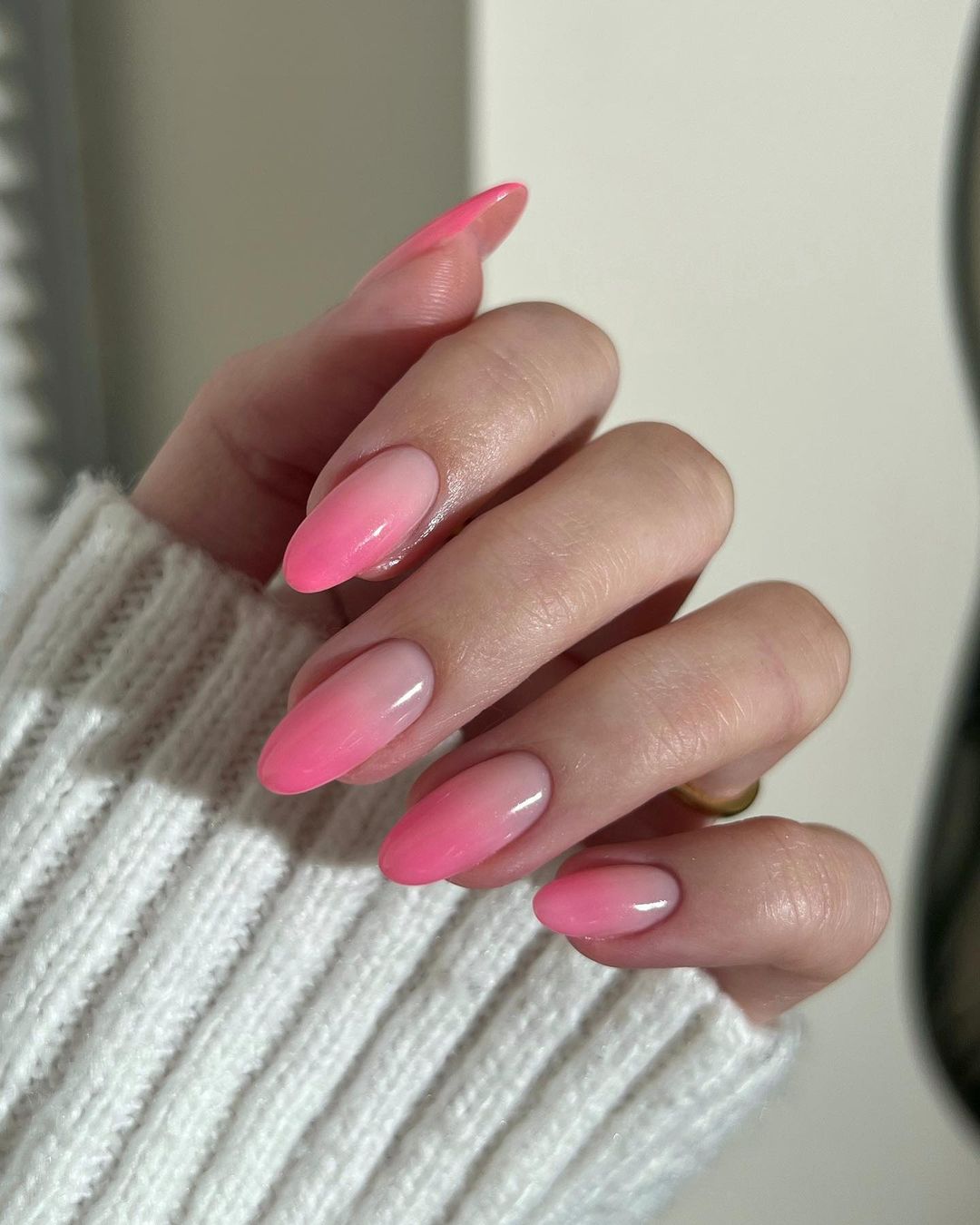 Spring Almond Nails with Pink Ombre Design