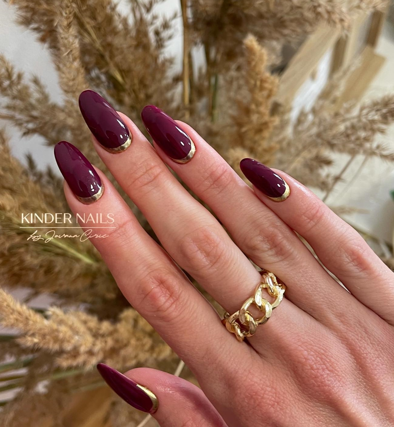 Long Dark Red Color with Chrome Gold Cuticle Area