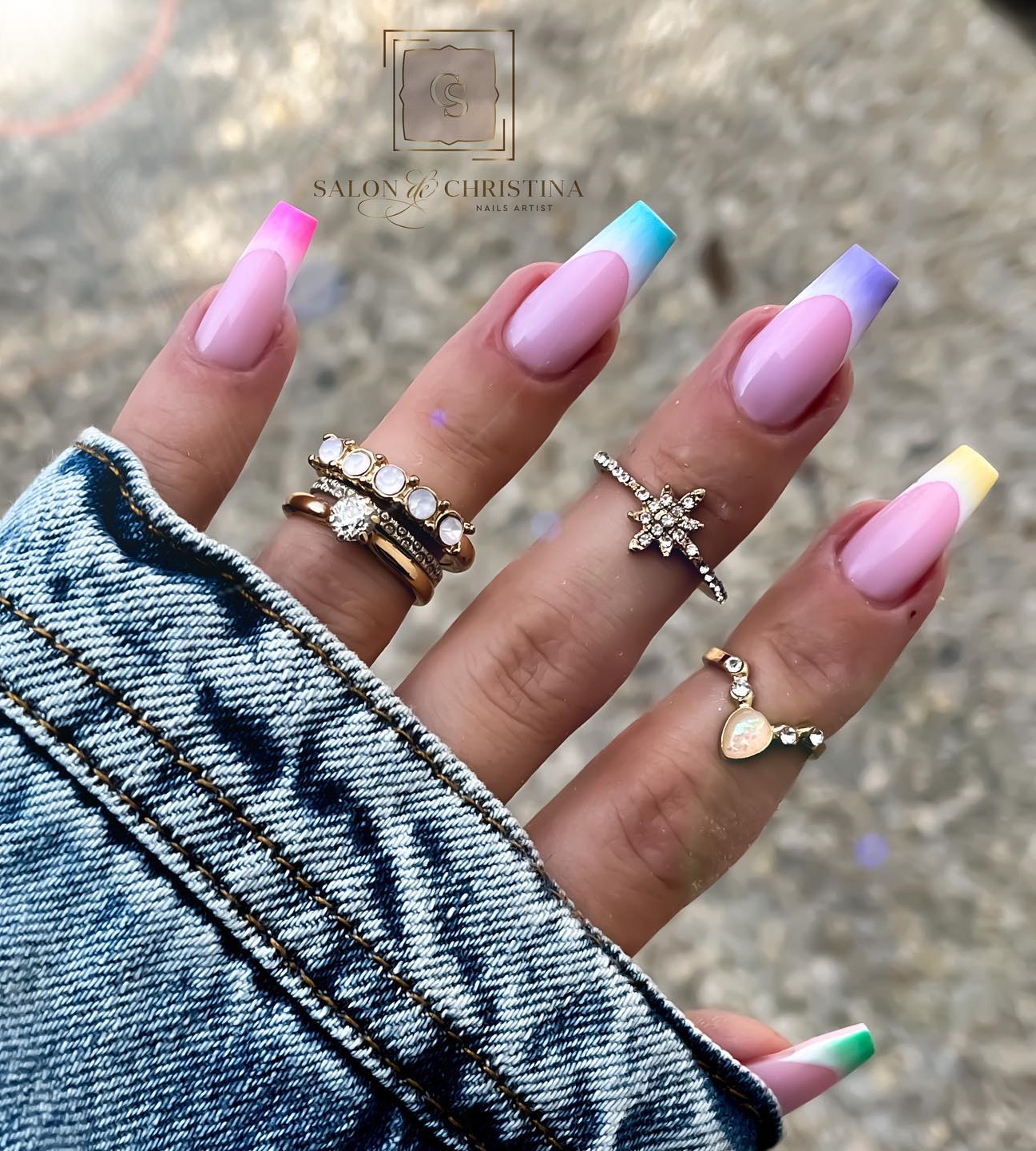 Long Square Rainbow French Tip Nails