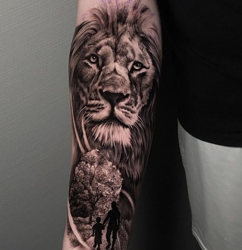 Black 3D Lion Tattoo on Arm