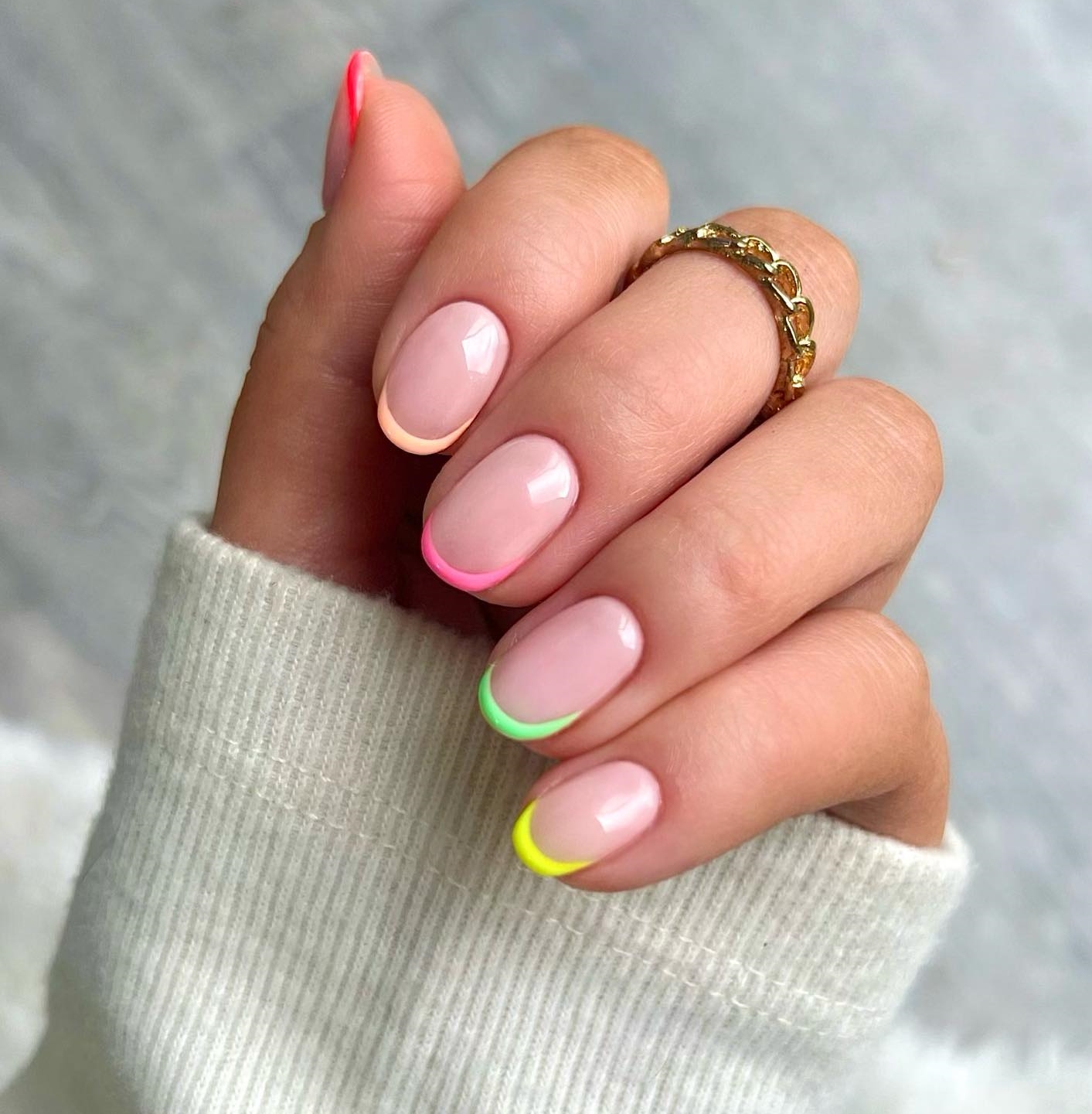 Short Round Rainbow French Tip Nails