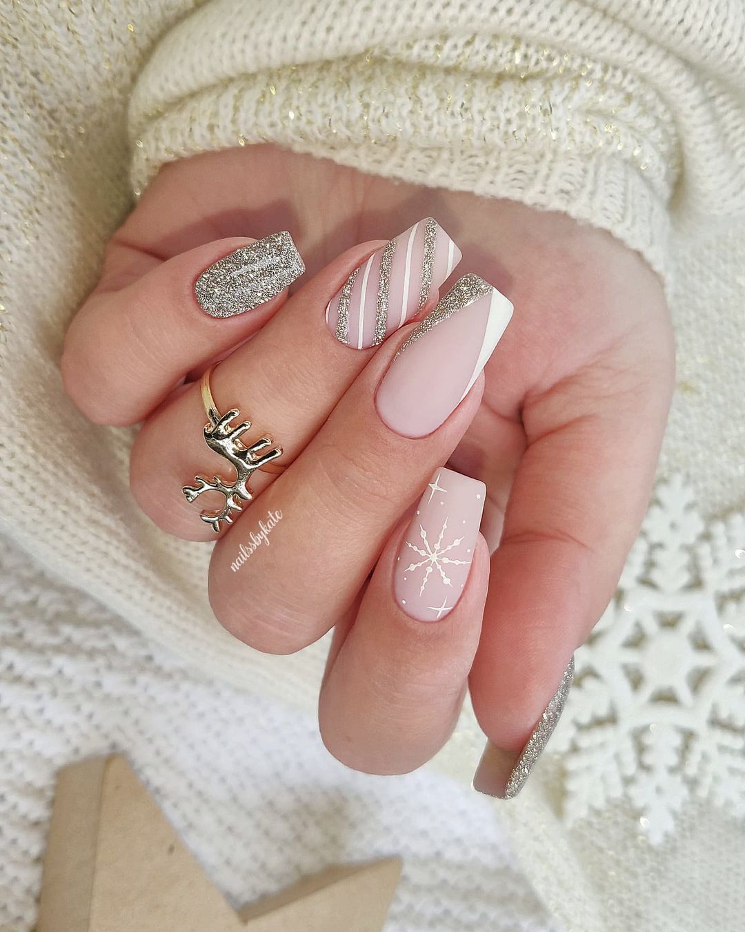 Nude Nails with Snowflakes and Silver Glittery