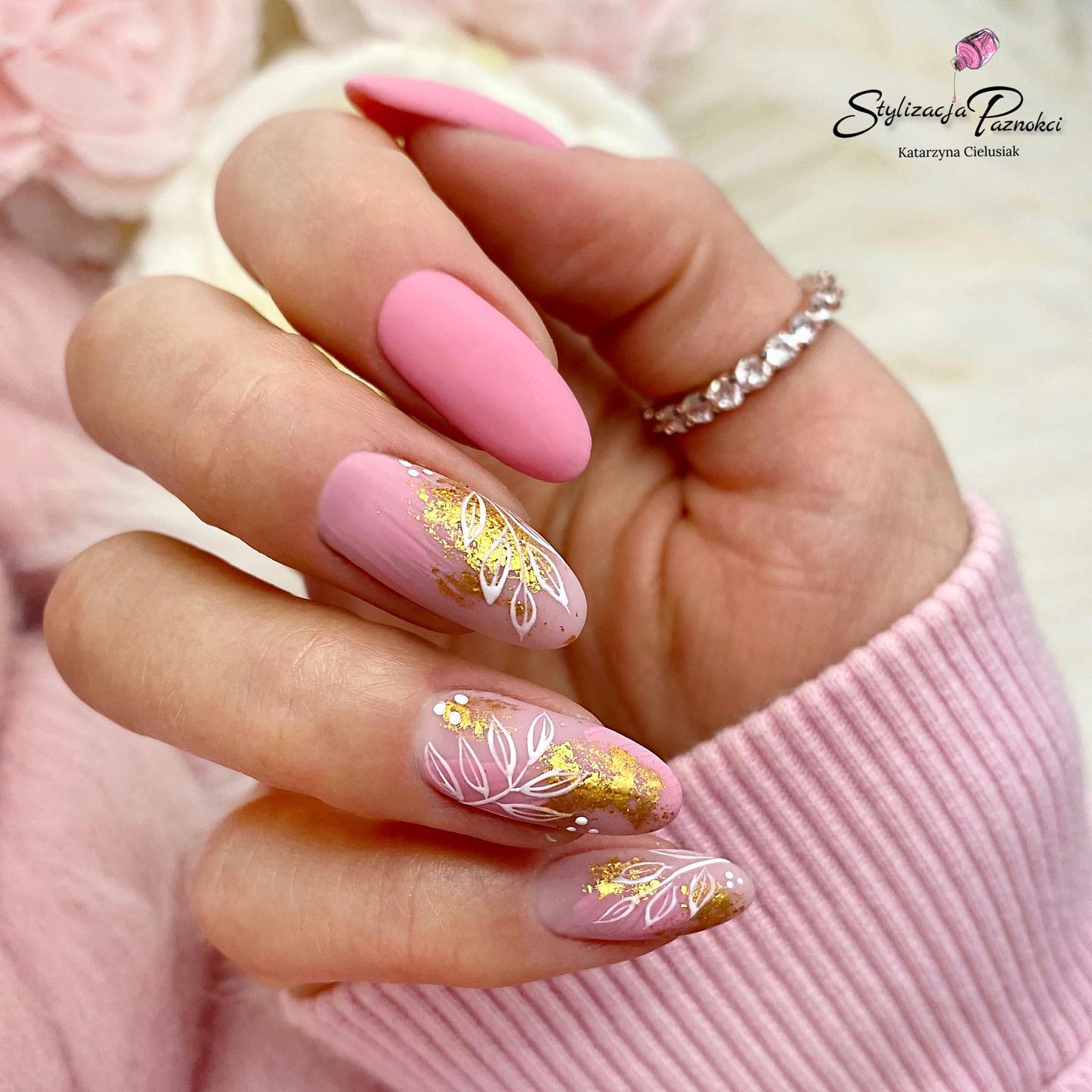 Almond Pink Matte Nails with Floral Design and Gold Foil
