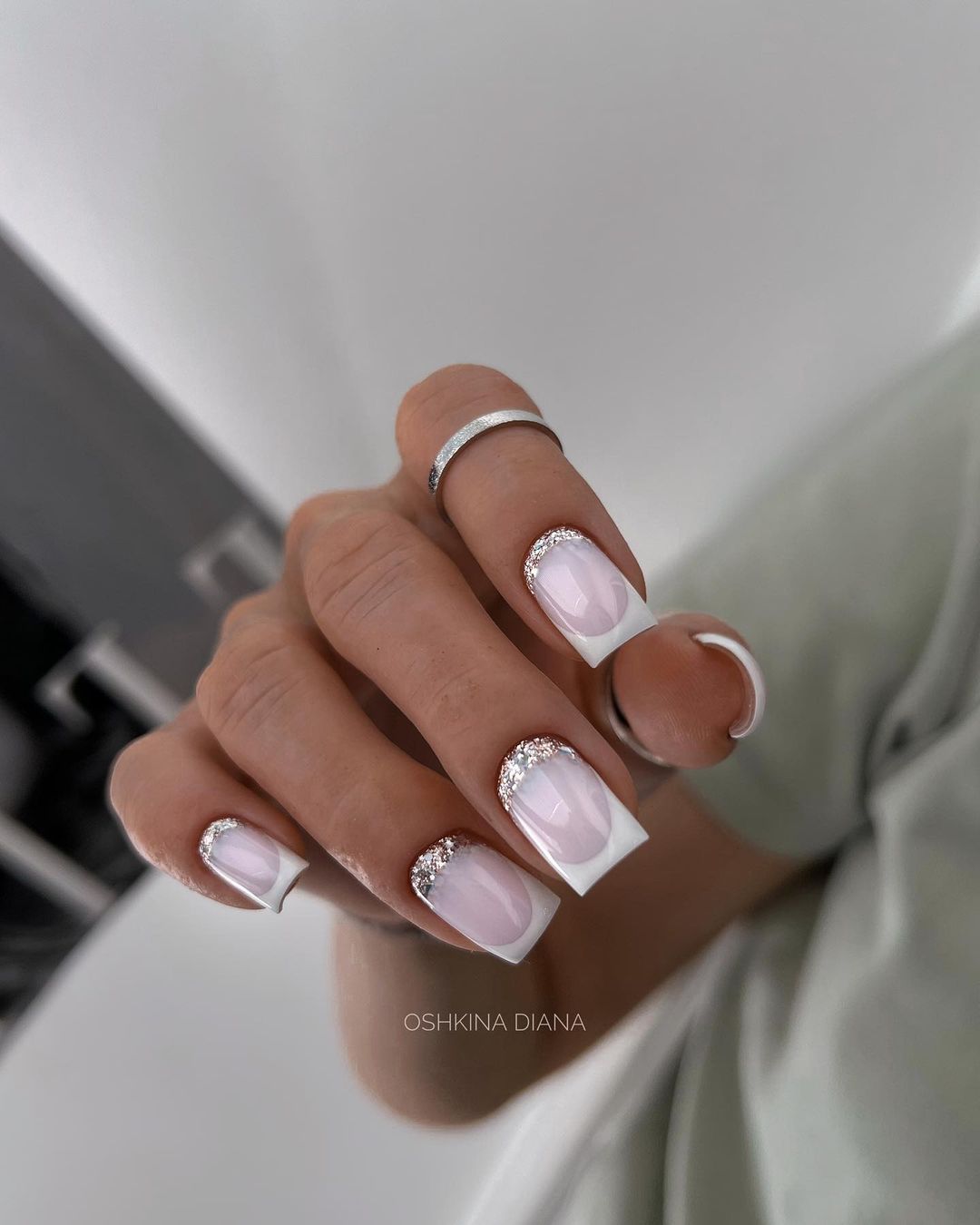 Classy French Manicure with Glitter