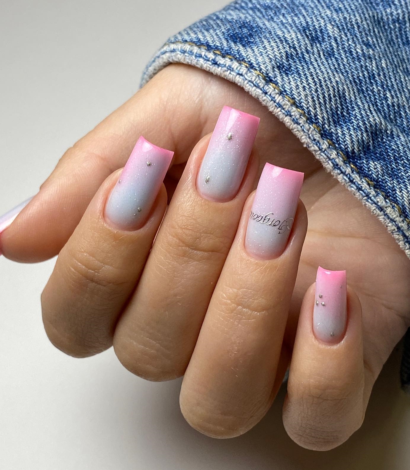 Long Square White-to-Pink Ombre French Nails
