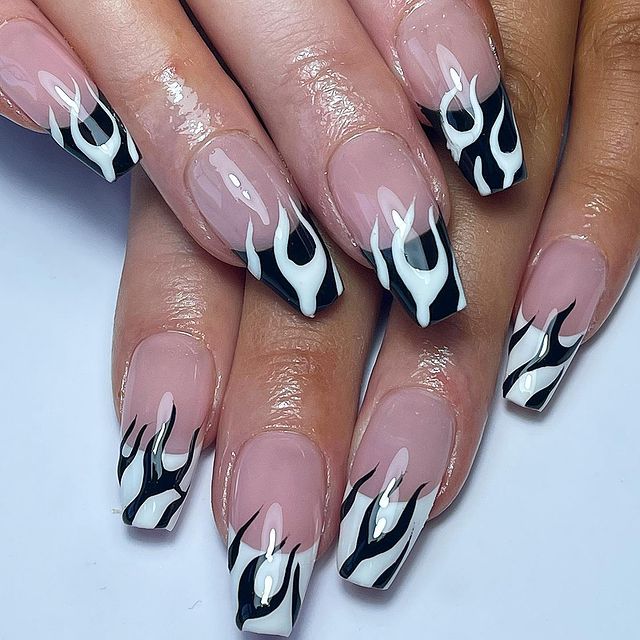 Coffin Black And White Nails