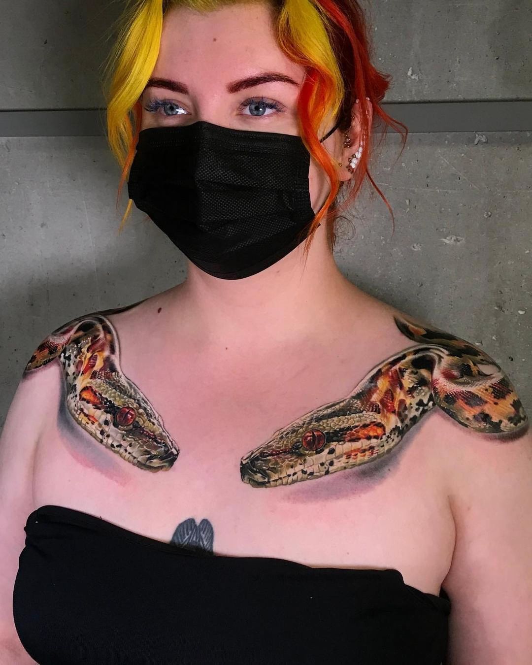 Colorful 3D Snake Tattoo on Shoulders