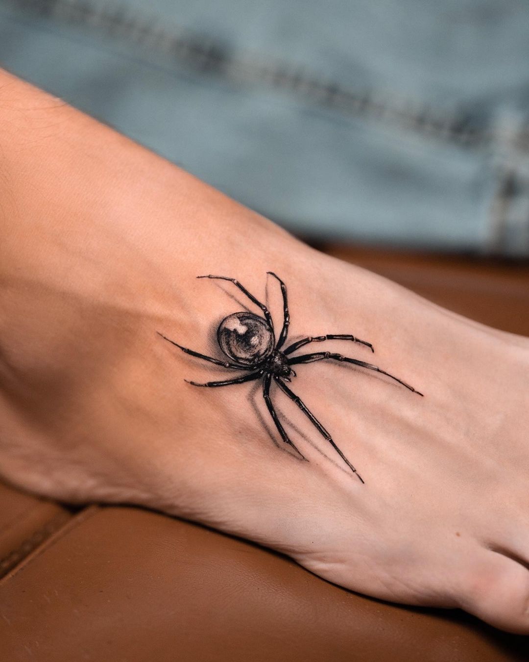 Black 3D Spider Tattoo on Foot