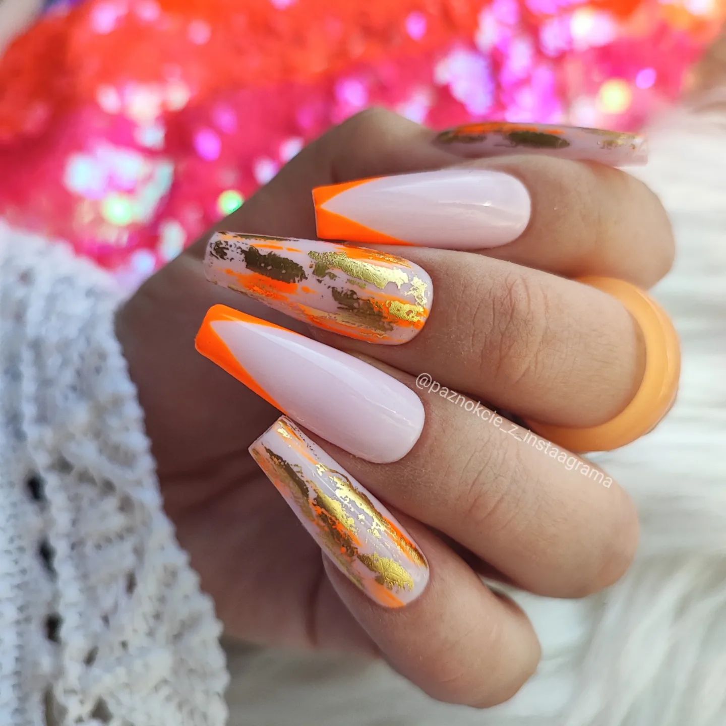 Coffin Nails with Orange Tips and Foil