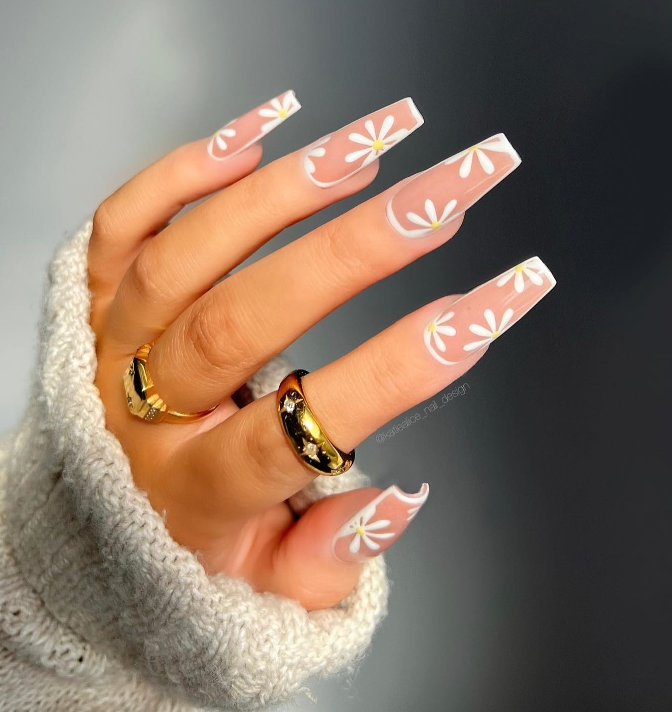 Long Coffin Nude Nails with White Flowers