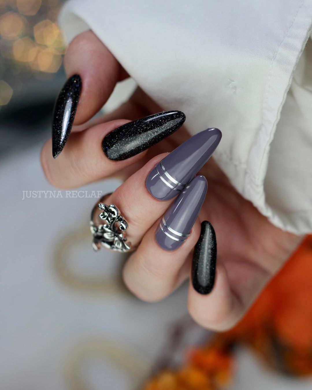 Long Dark Winter Nails with Silver Line Design