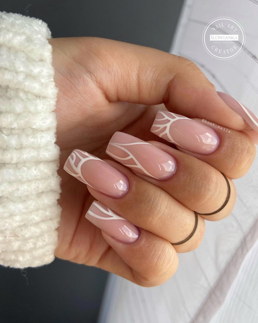 Nude Square Nails with White Line Design
