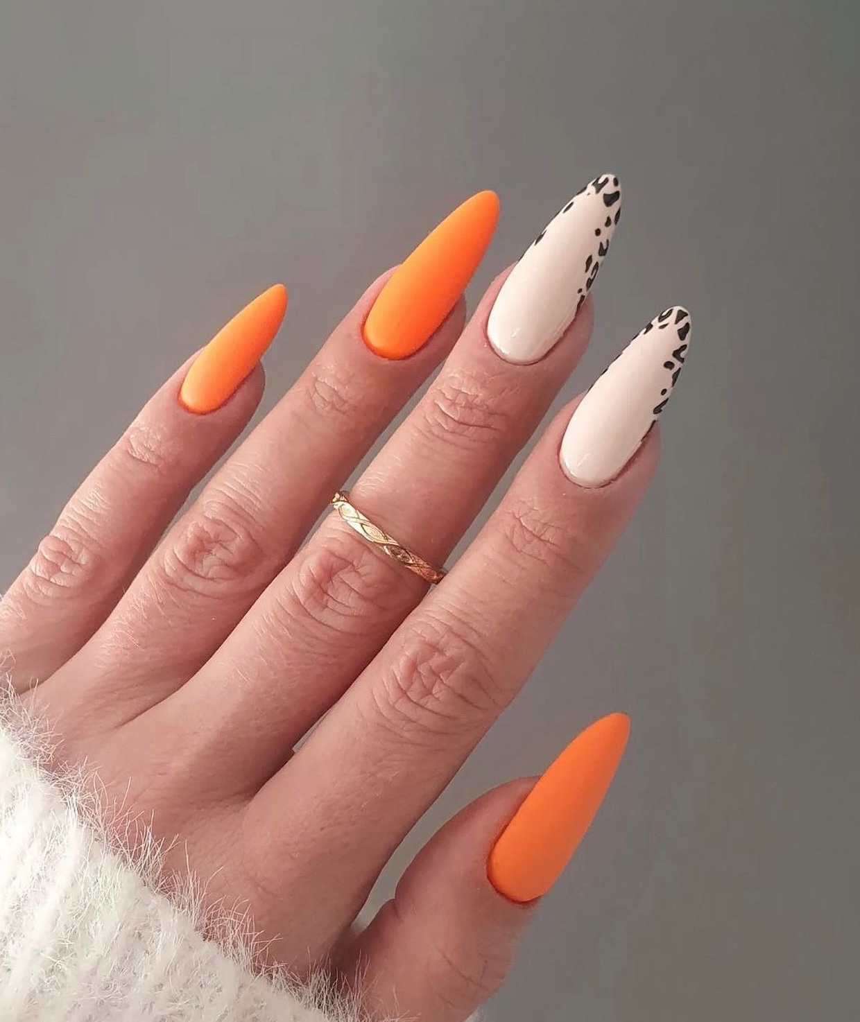 Orange and White Nails with Leopard Print on Tips