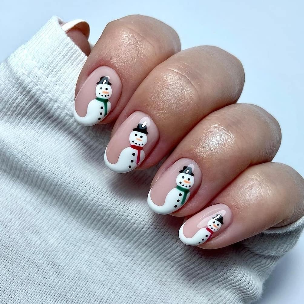 Short French Manicure with Snowman Design