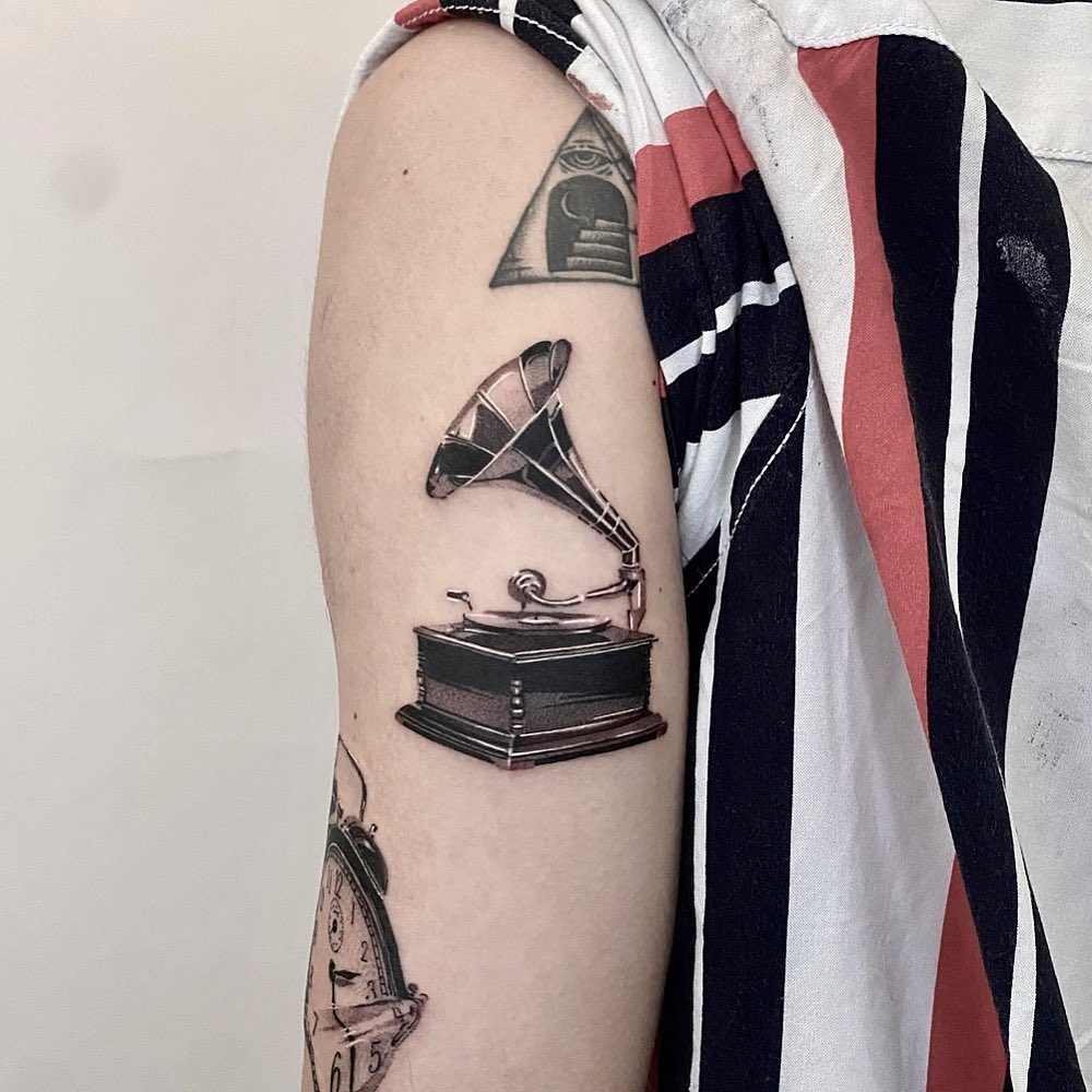 Black 3D Phonograph Tattoo on Arm