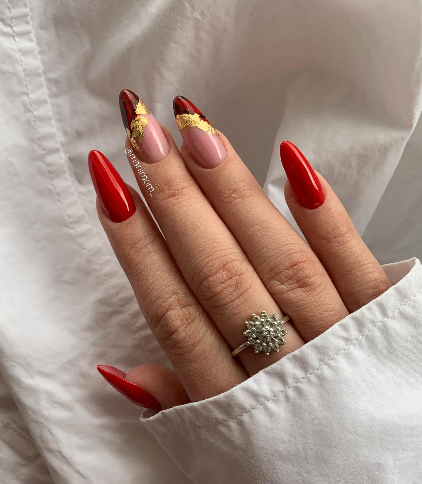 Long Red Nails with Gold Foil