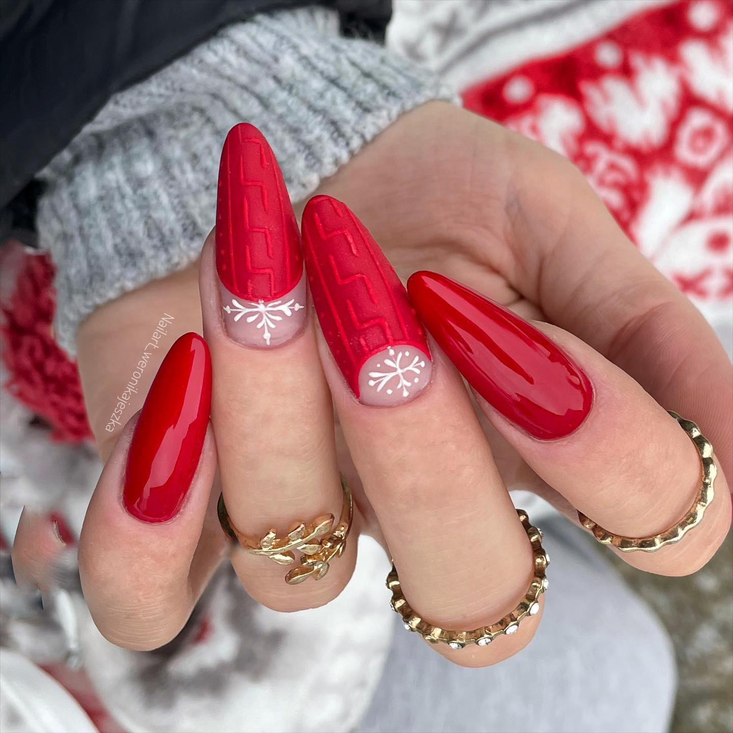 Long Red Nails with Sweater Design