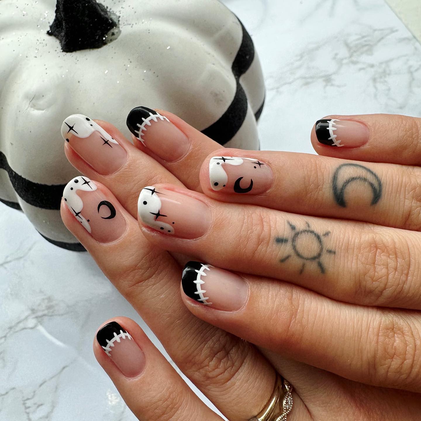 Short Black and White Negative Space Nail Design