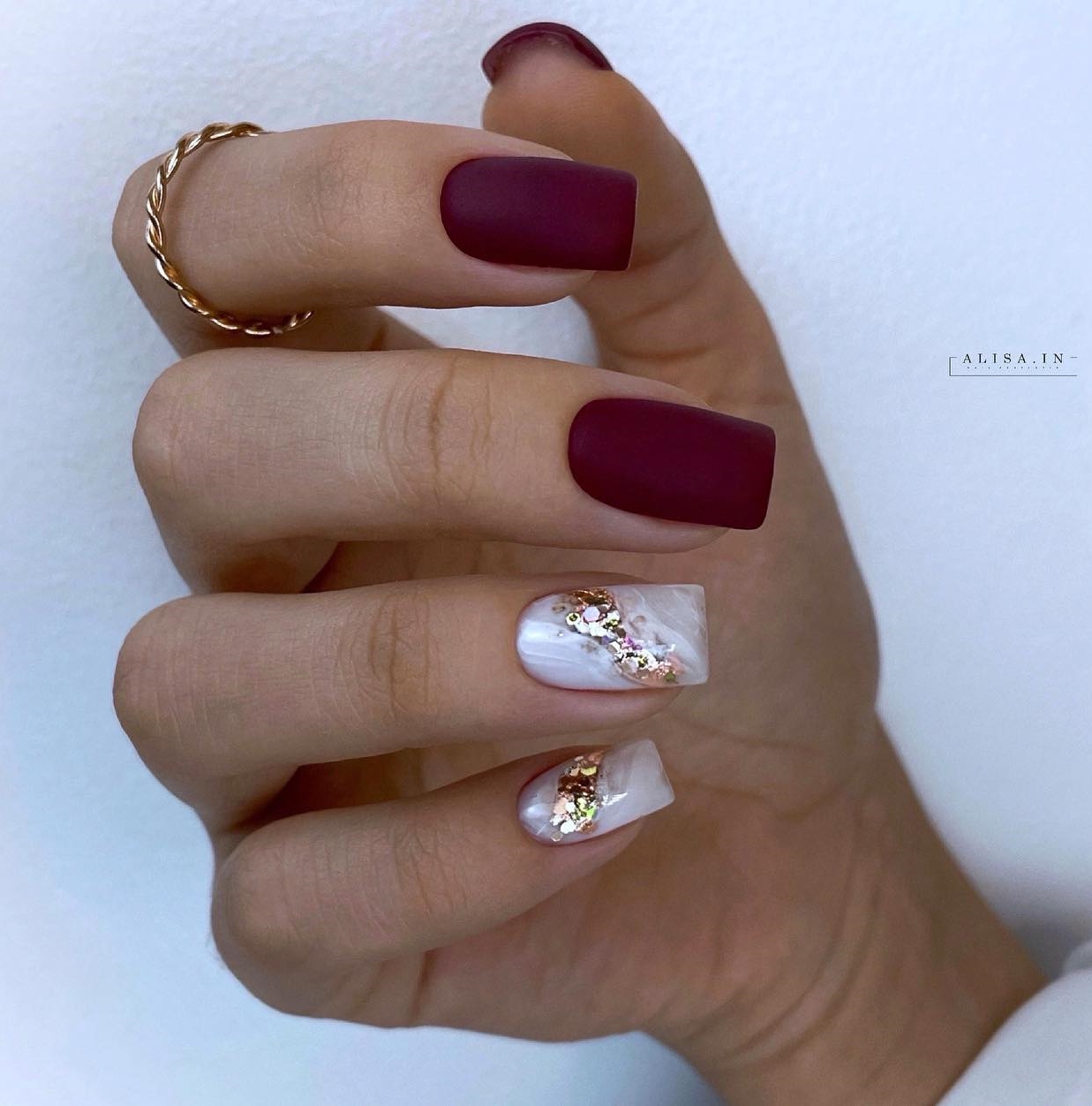 Square Matte Burgundy Nails with White and Gold Design