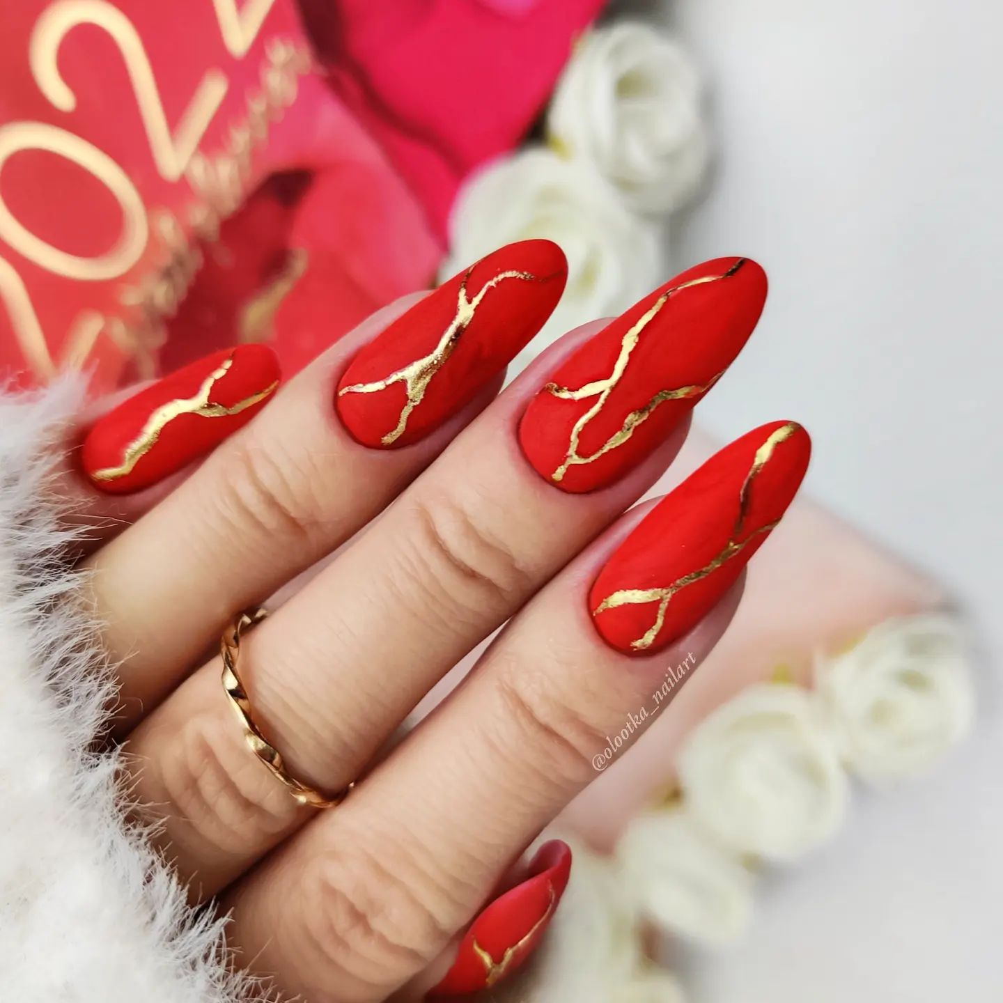 Long Matte Red Nails with Gold Foil Lines