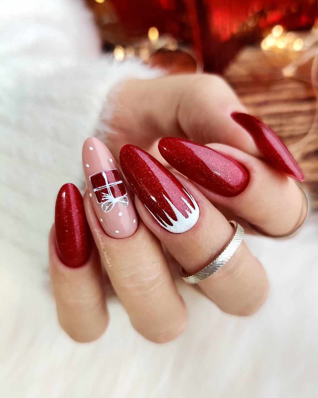Long Sparkly Nails with Christmas Design