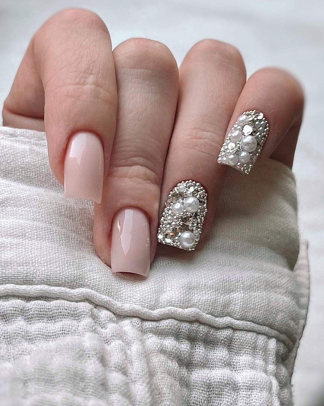 Short Square Nude Nails with Pearls