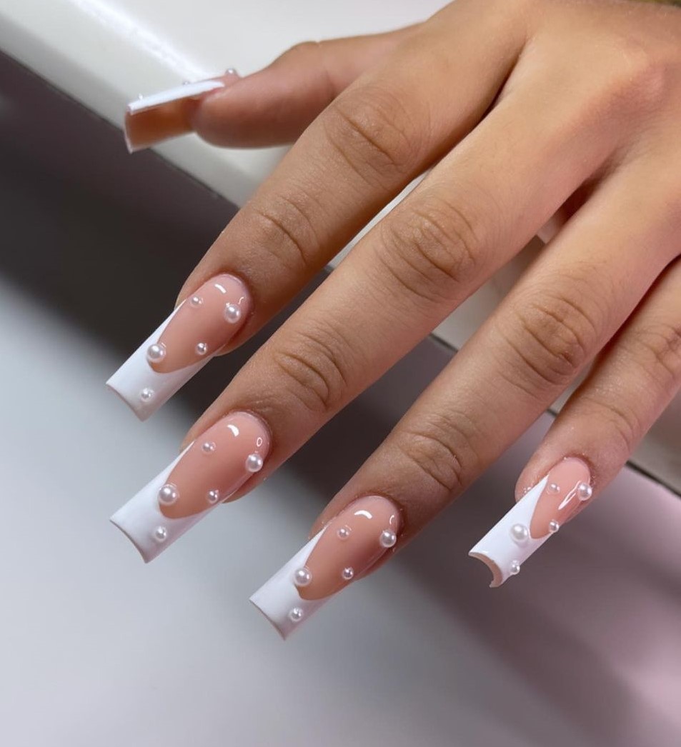 Long Square French Nails with Pearls