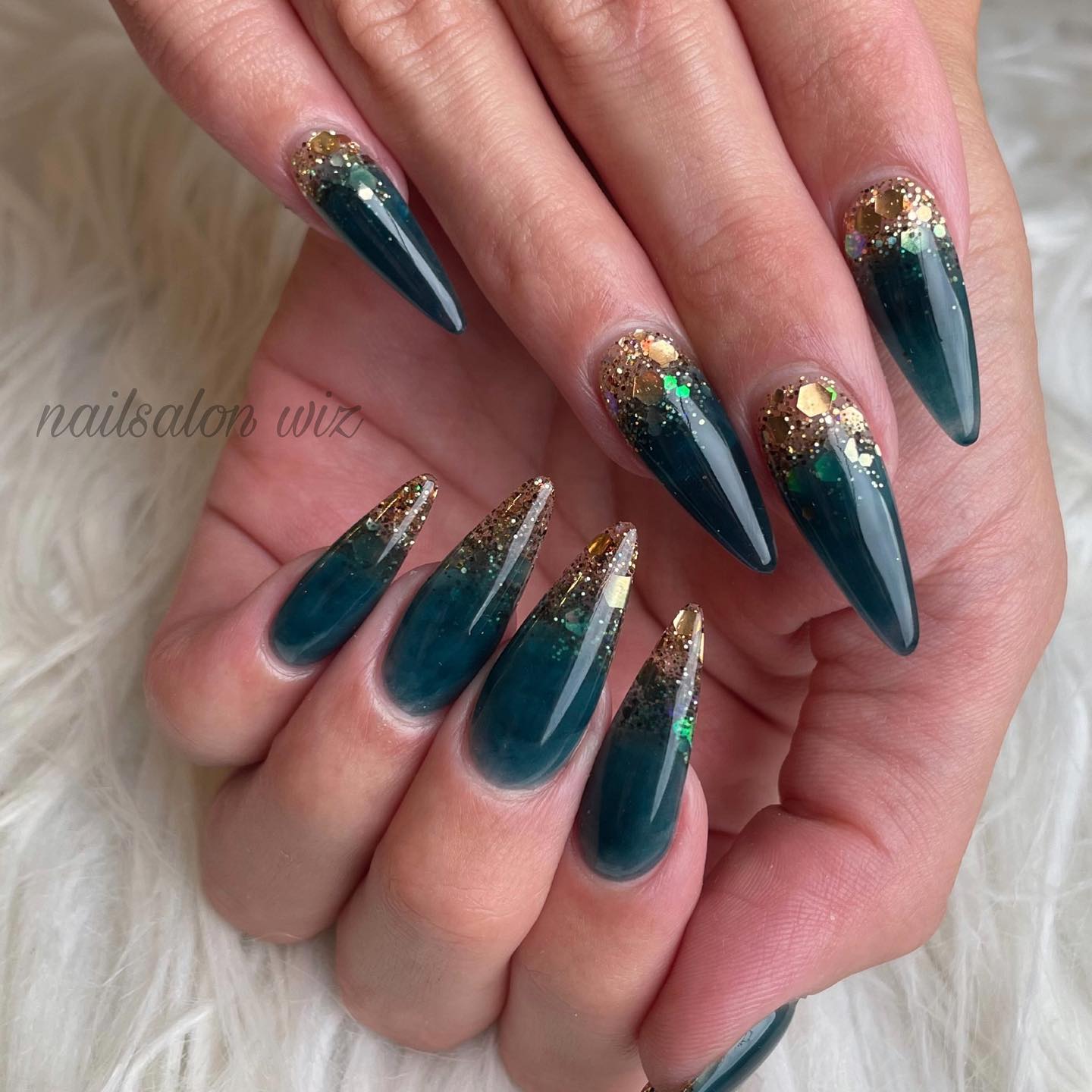 Dark Green Nails with Gold Glitter
