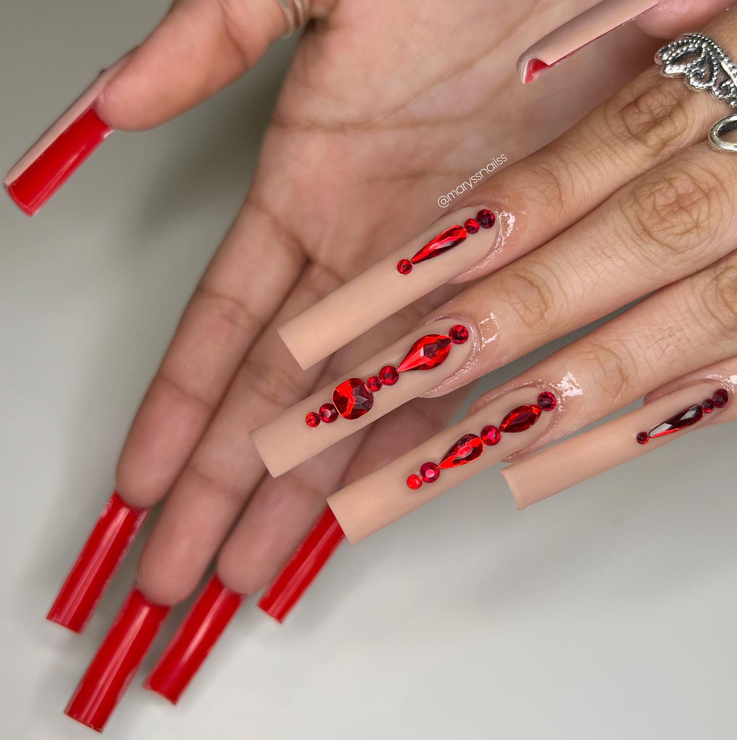 Long Square Matte Nails with Crystals and Red Bottoms